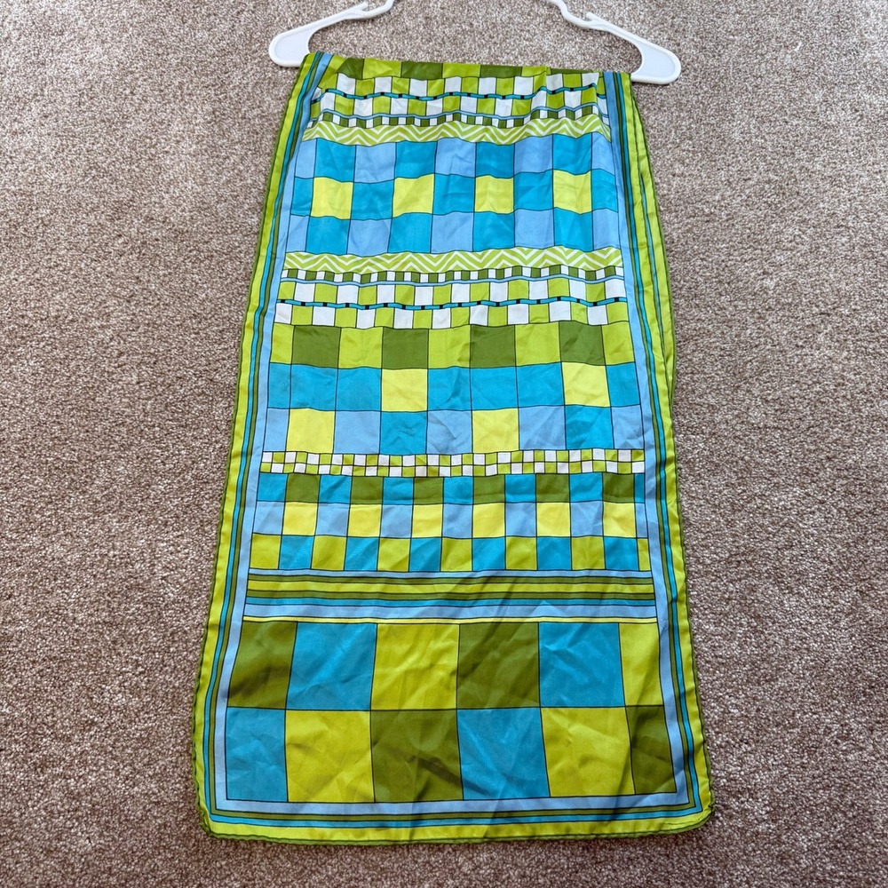 Vintage Geometric Checkered Rectangular Scarf Green Blue White‎ 14x43 VTG Mod